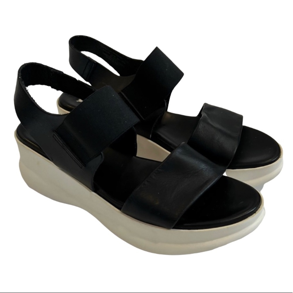 Steve Madden Y2K Black Leather Slinky Slingback Sandals White Wedge Size 10